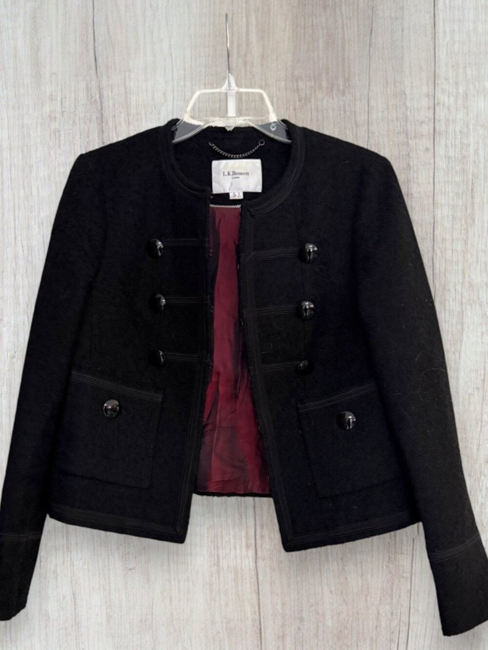 L.K. Bennett JK Otto Womens 8 Black Military Tweed Jacket Blazer Wool Blend